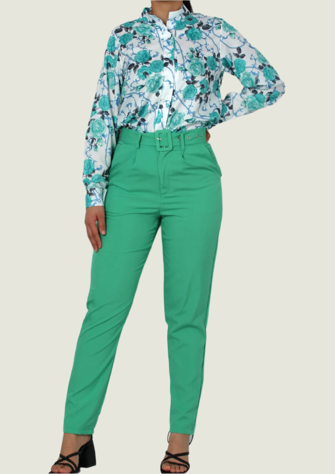 Elegant Chic Formal 2pc Set – Long-Sleeve Printed Blouse & Slim-Fit Trousers