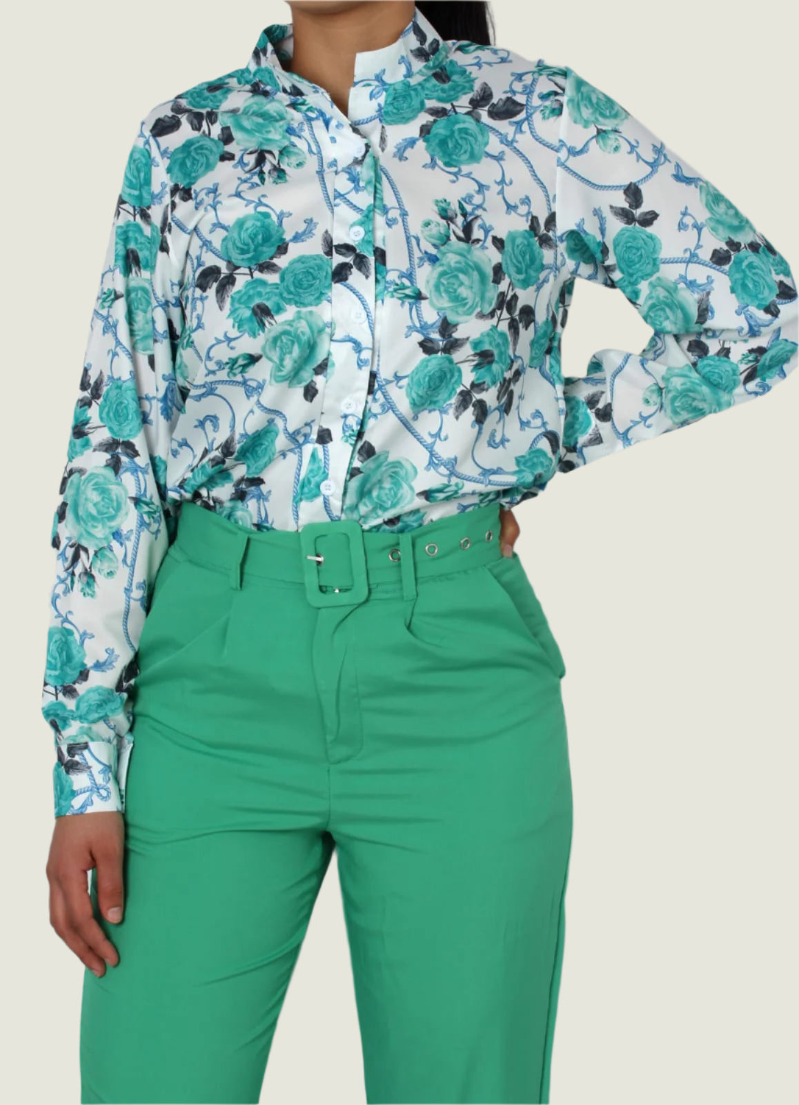 Elegant Chic Formal 2pc Set – Long-Sleeve Printed Blouse & Slim-Fit Trousers
