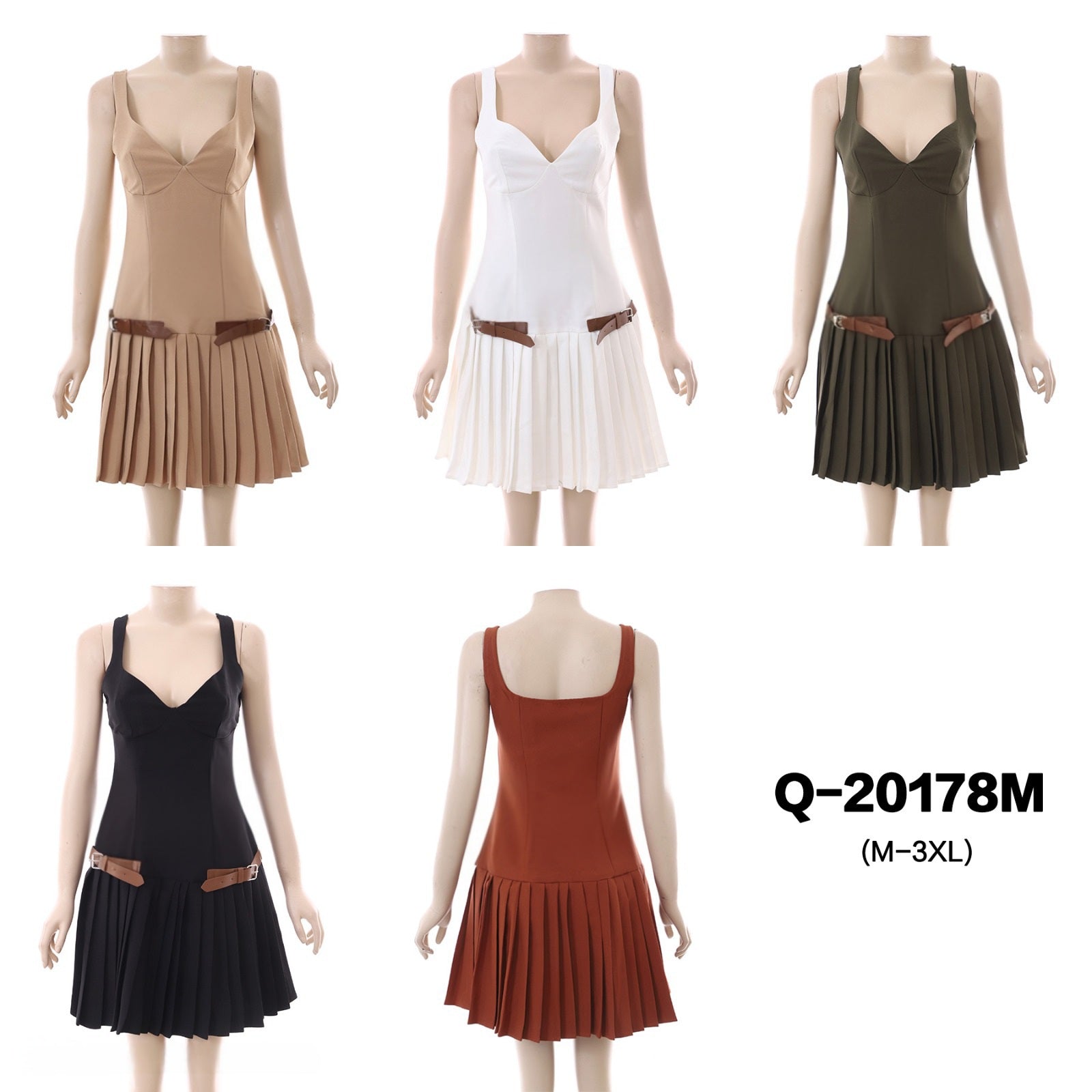 Pleated Mini Dress with Spaghetti Straps and Belt Detail