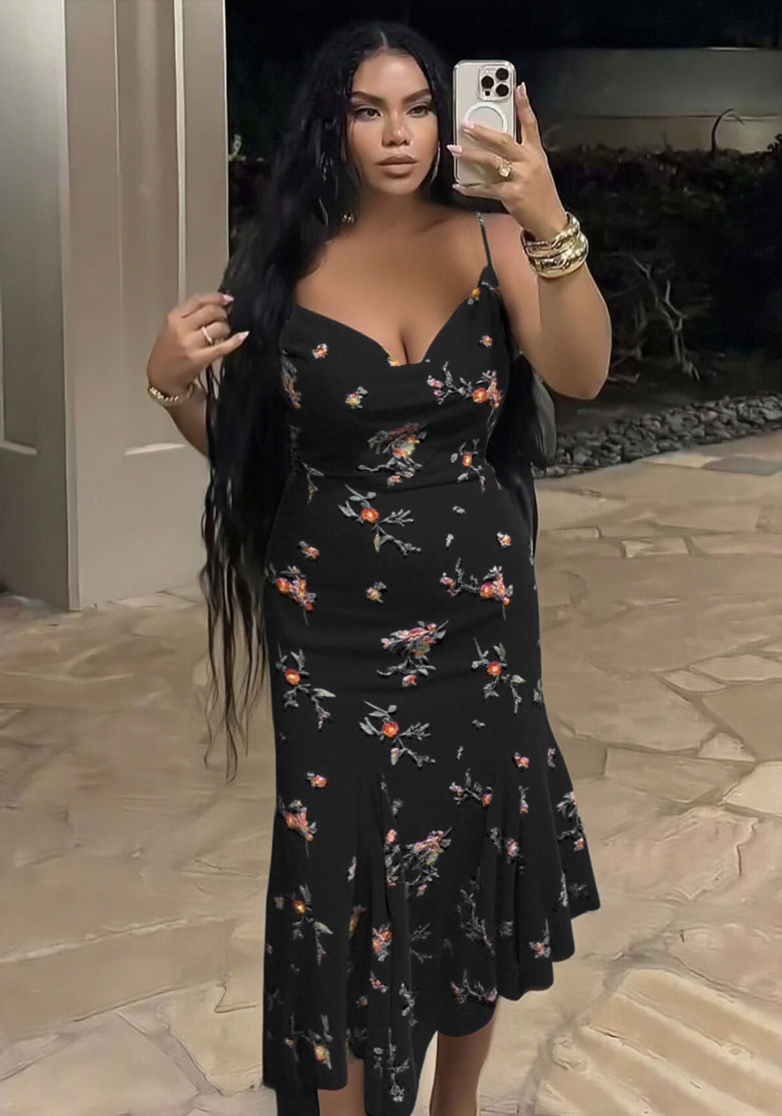 Floral Print Midi Dress with Spaghetti Straps and Flared Hem Detail