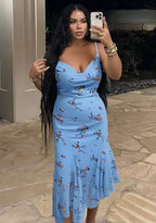 Floral Print Midi Dress with Spaghetti Straps and Flared Hem Detail