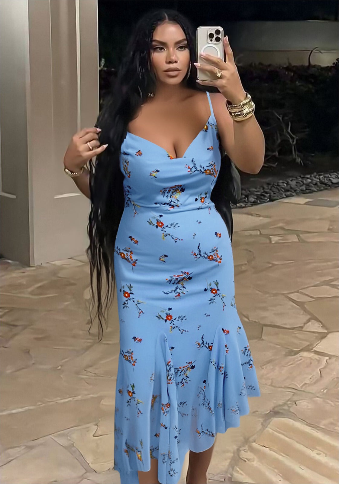 Floral Print Midi Dress with Spaghetti Straps and Flared Hem Detail