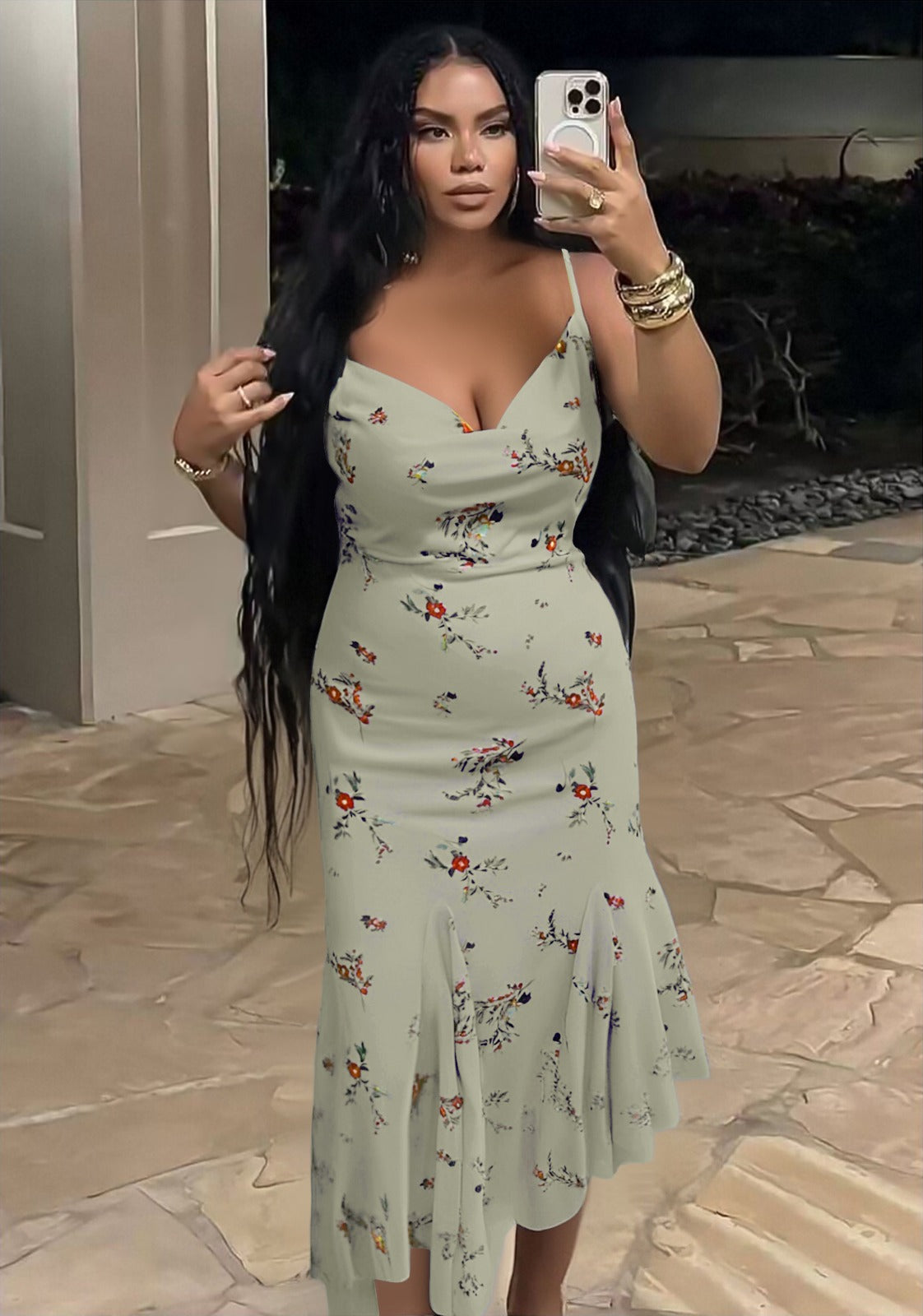 Floral Print Midi Dress with Spaghetti Straps and Flared Hem Detail