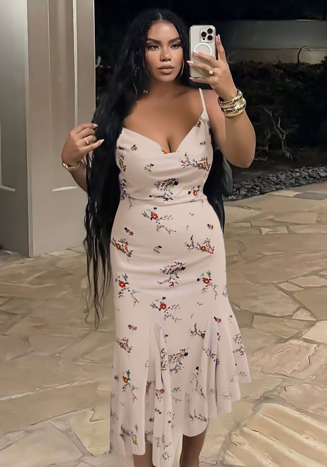 Floral Print Midi Dress with Spaghetti Straps and Flared Hem Detail
