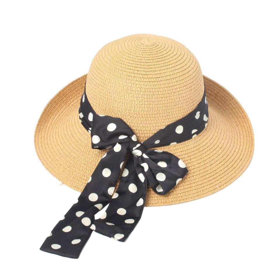 Polka Dot Bow Wide-Brim Sun Hat – Elegant Summer Beach Hat