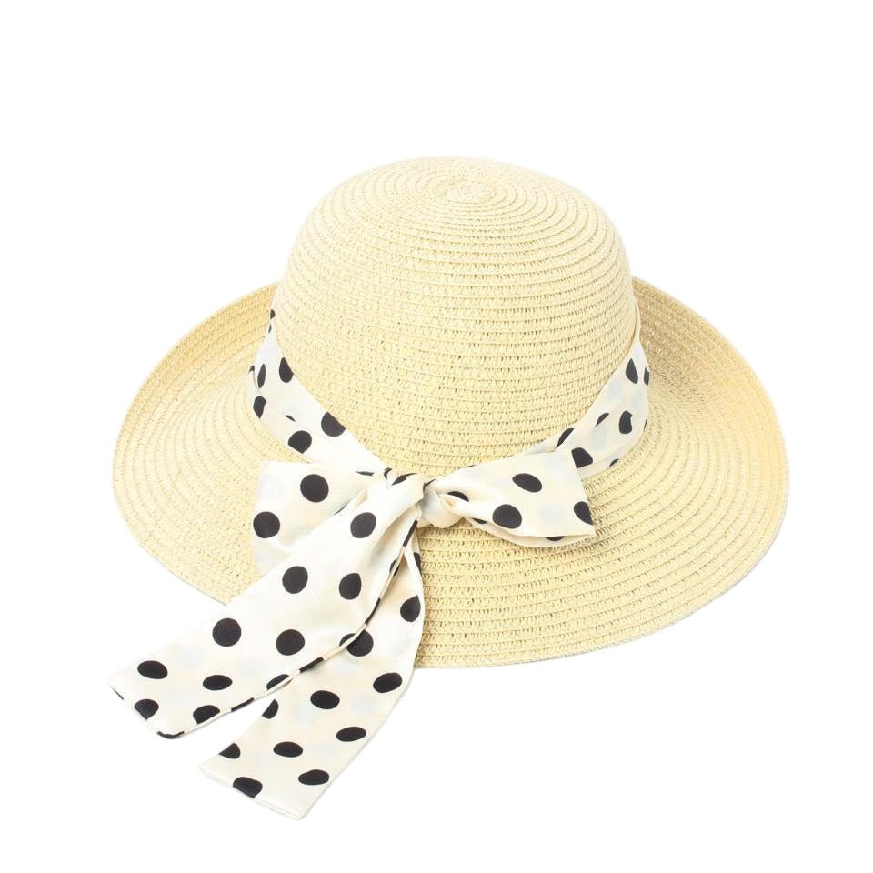 Polka Dot Bow Wide-Brim Sun Hat – Elegant Summer Beach Hat