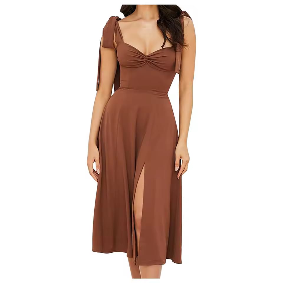 Tie-Shoulder Sweetheart Midi Dress – Flowy A-Line Style