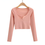 Ribbed Long Sleeve Crop Top – Slim Fit V-Notch Neck