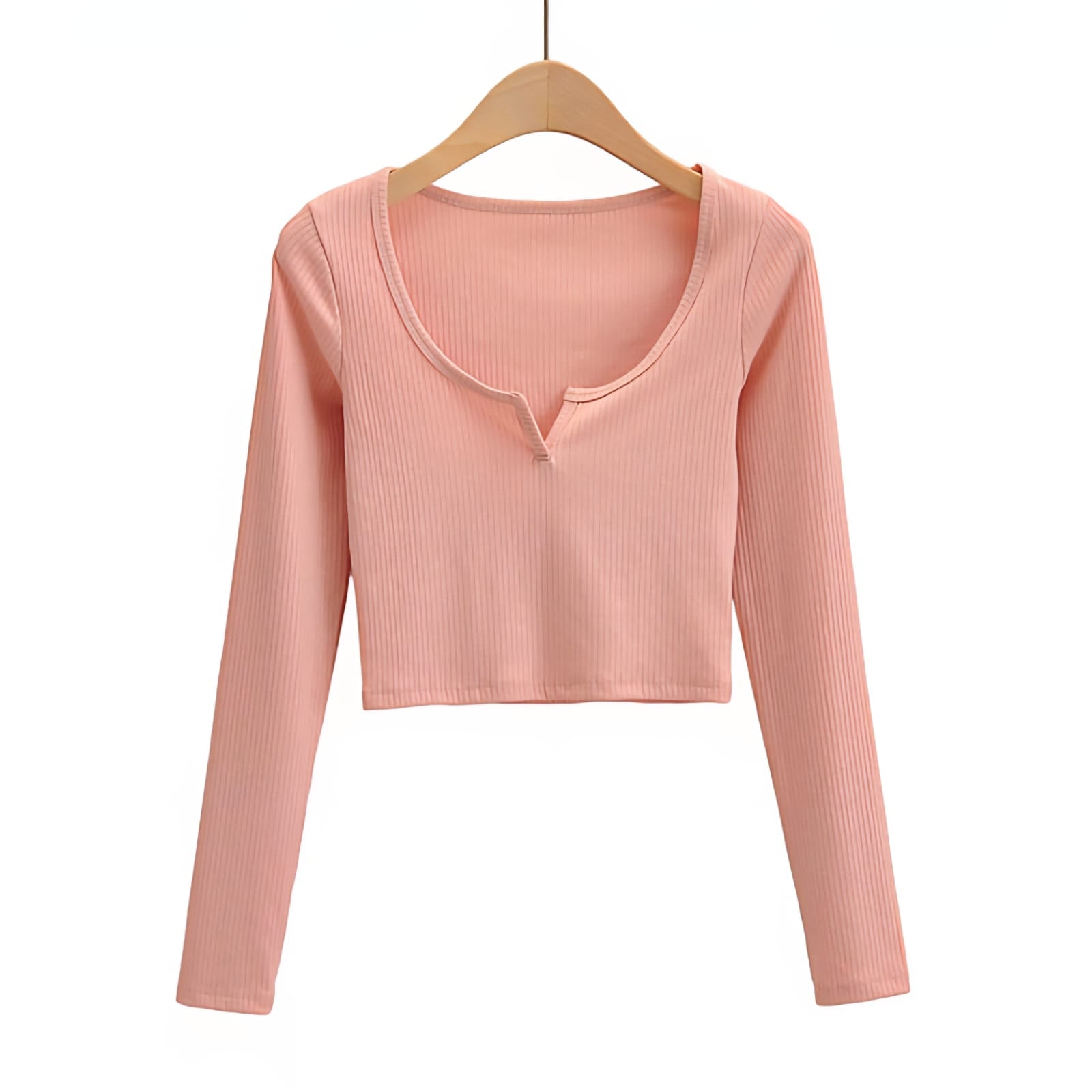 Ribbed Long Sleeve Crop Top – Slim Fit V-Notch Neck