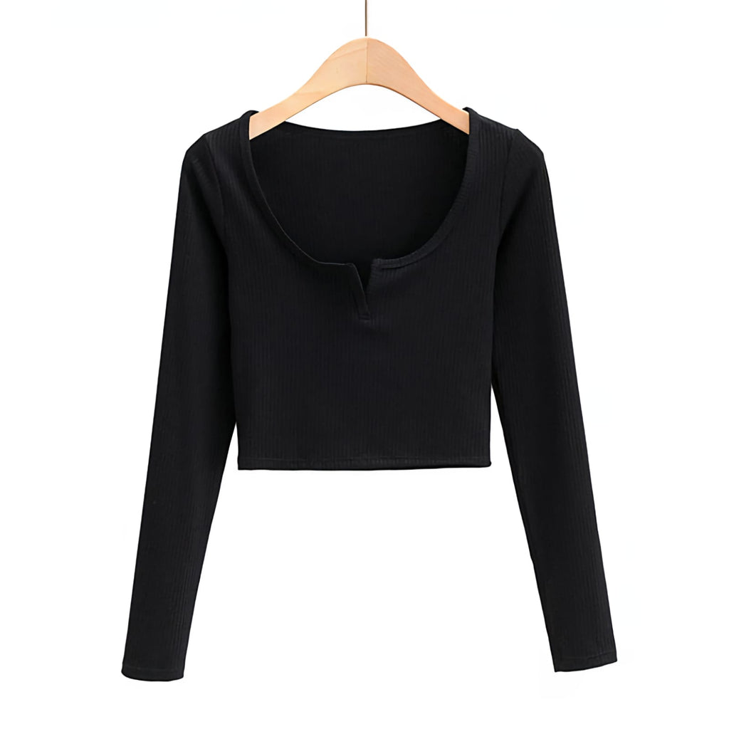 Ribbed Long Sleeve Crop Top – Slim Fit V-Notch Neck