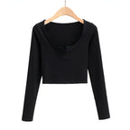 Ribbed Long Sleeve Crop Top – Slim Fit V-Notch Neck