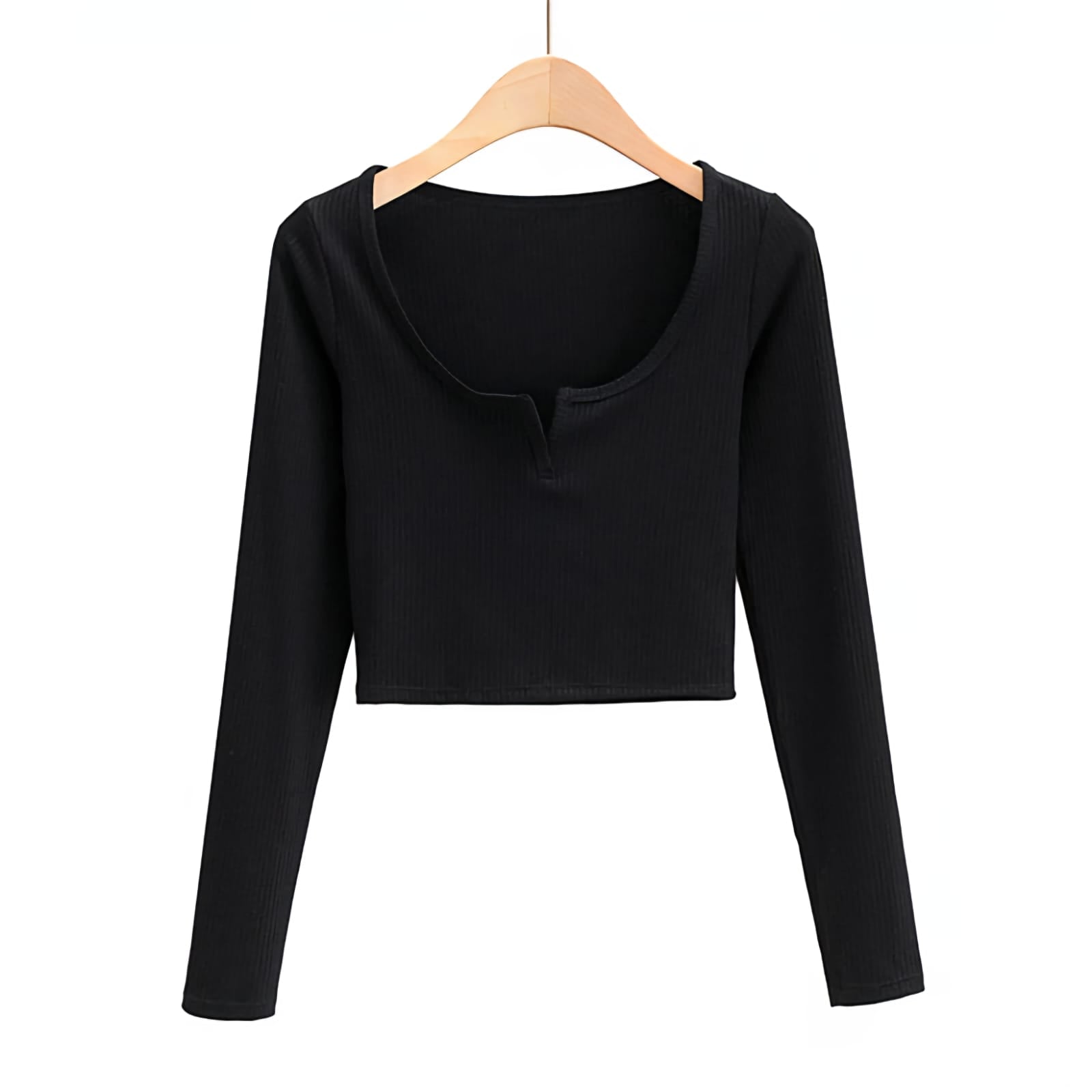 Ribbed Long Sleeve Crop Top – Slim Fit V-Notch Neck