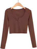 Ribbed Long Sleeve Crop Top – Slim Fit V-Notch Neck