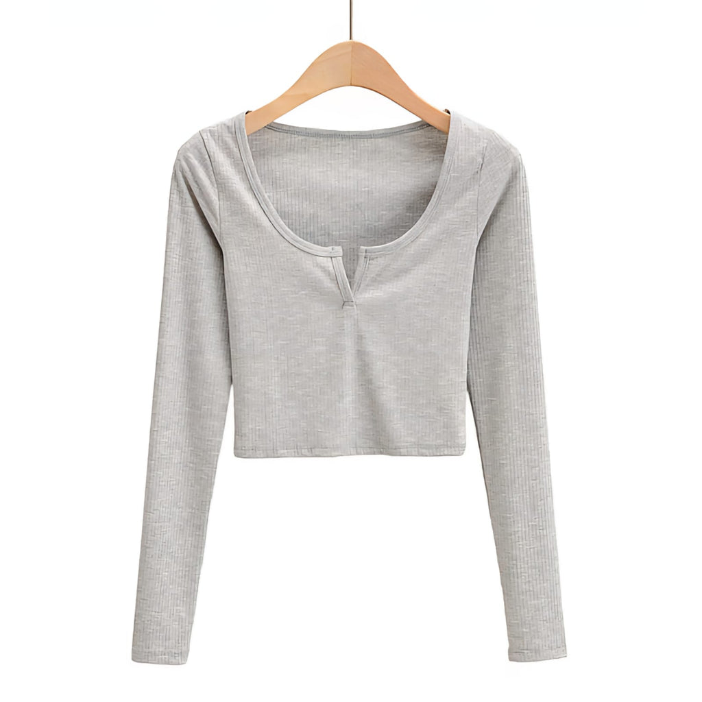 Ribbed Long Sleeve Crop Top – Slim Fit V-Notch Neck