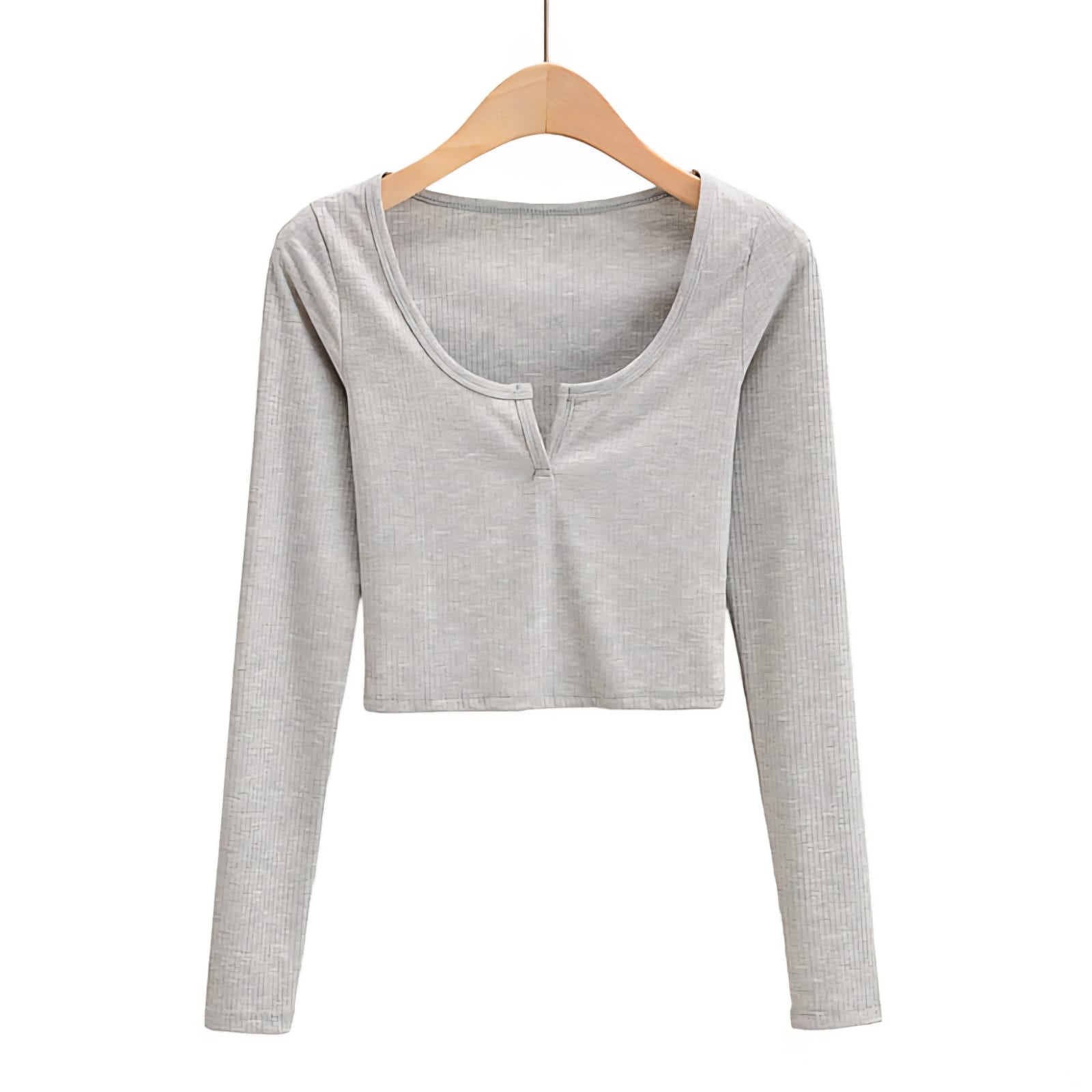 Ribbed Long Sleeve Crop Top – Slim Fit V-Notch Neck