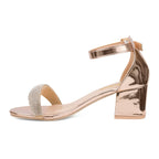Rose Gold Block Heel Sandals with Rhinestone Strap - Women's Evening Shoes