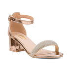 Rose Gold Block Heel Sandals with Rhinestone Strap - Women's Evening Shoes