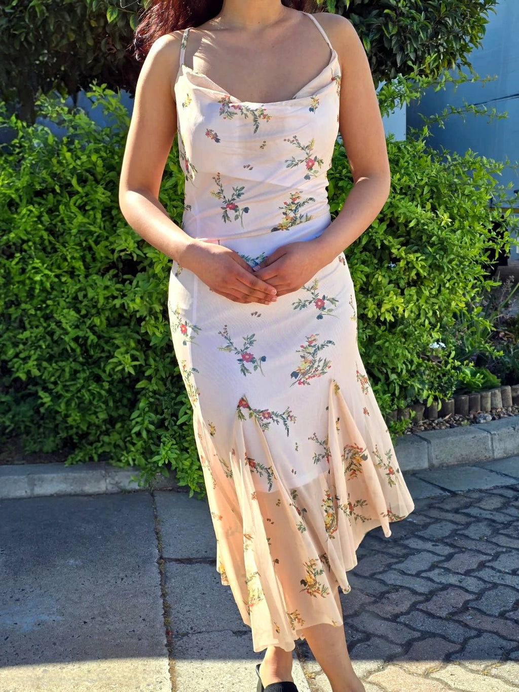 Floral Print Midi Dress with Spaghetti Straps and Flared Hem Detail