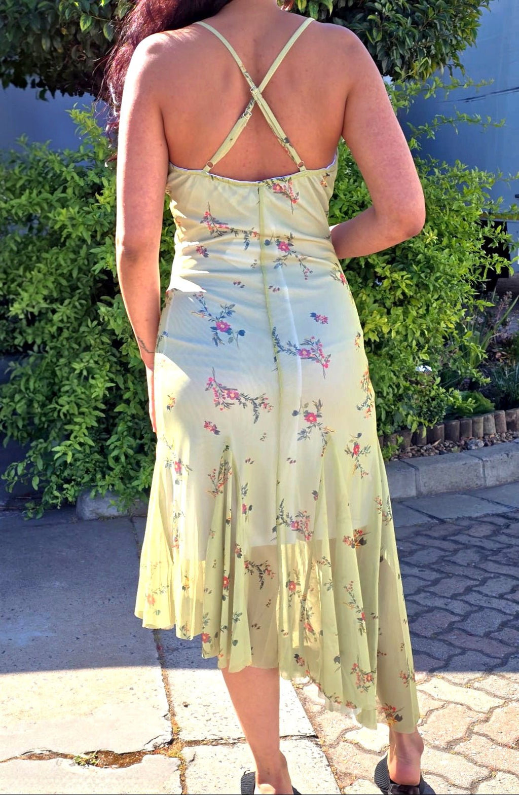 Floral Print Midi Dress with Spaghetti Straps and Flared Hem Detail