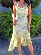 Floral Print Midi Dress with Spaghetti Straps and Flared Hem Detail