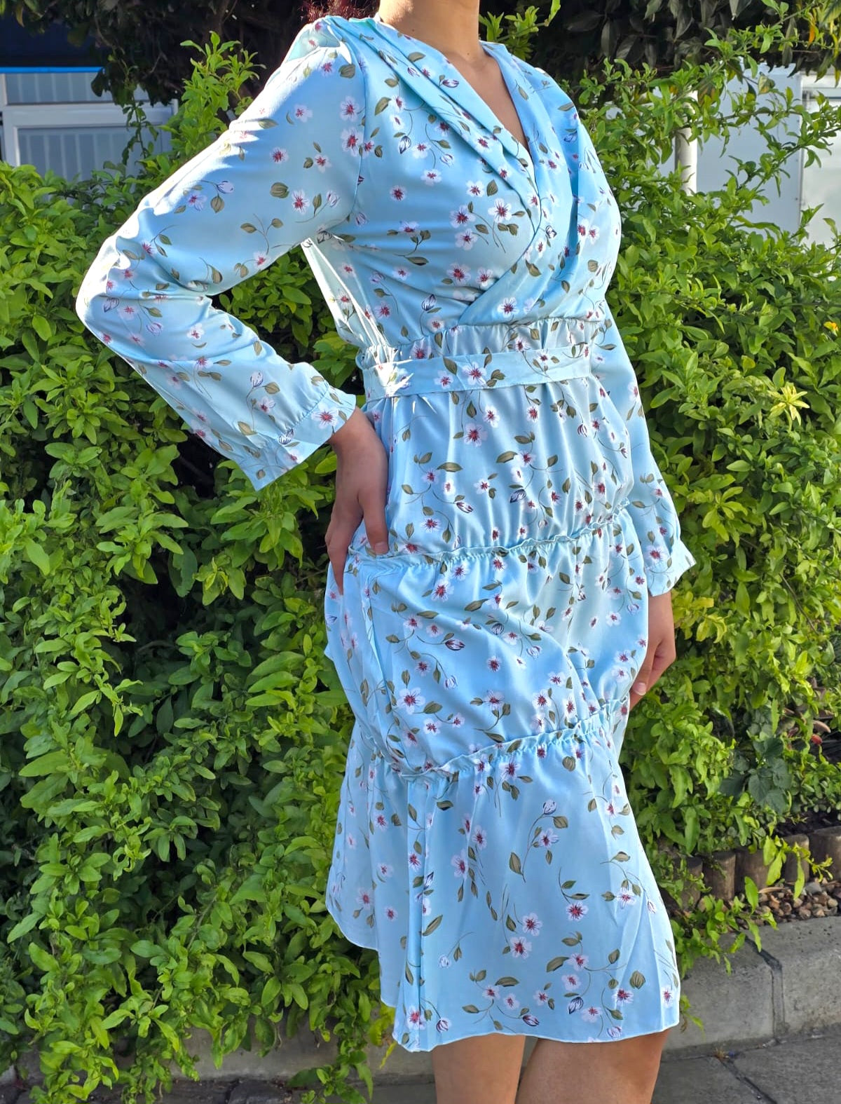 Floral V Neck Frill Tier Dress With Belt