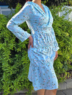 Floral V Neck Frill Tier Dress With Belt