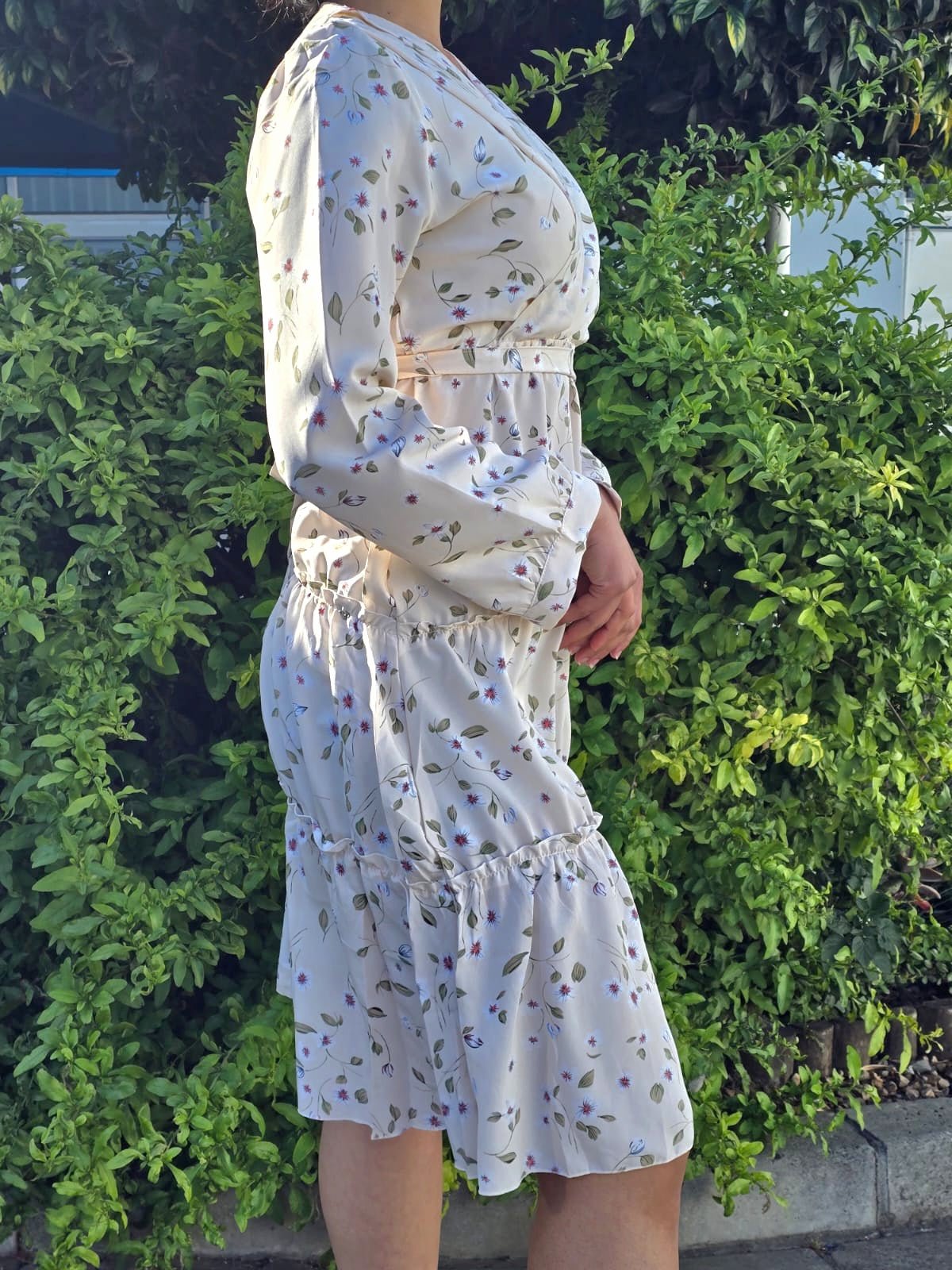 Floral V Neck Frill Tier Dress With Belt