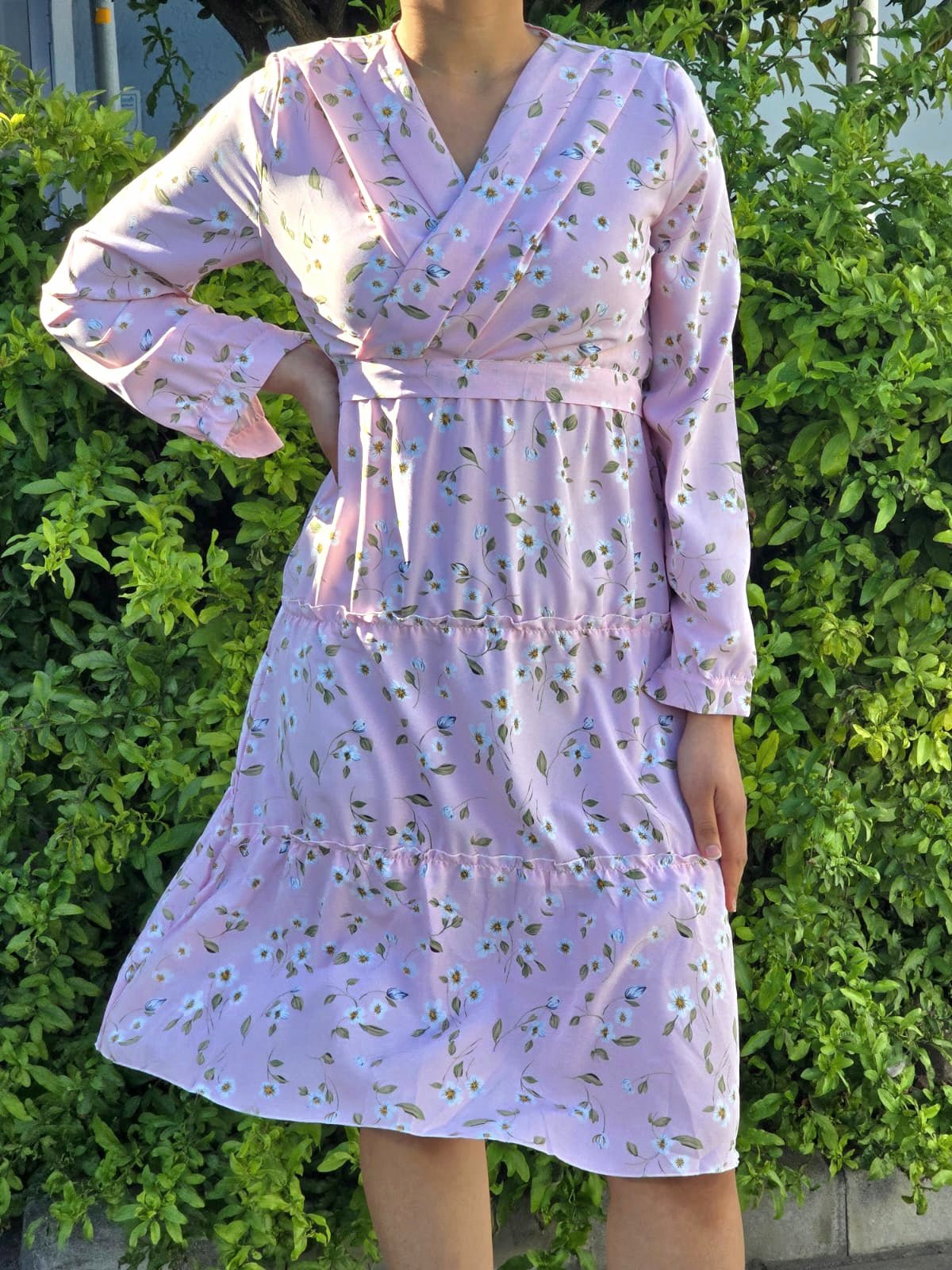 Floral V Neck Frill Tier Dress With Belt