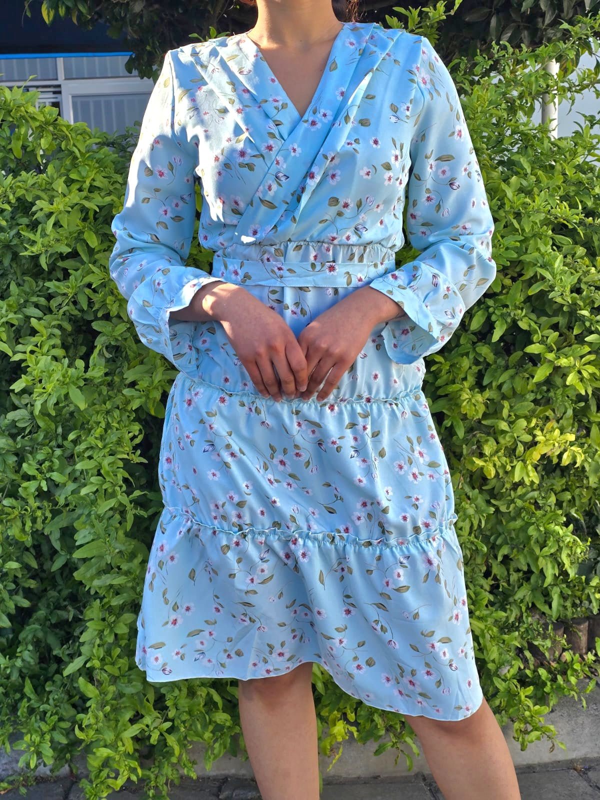 Floral V Neck Frill Tier Dress With Belt