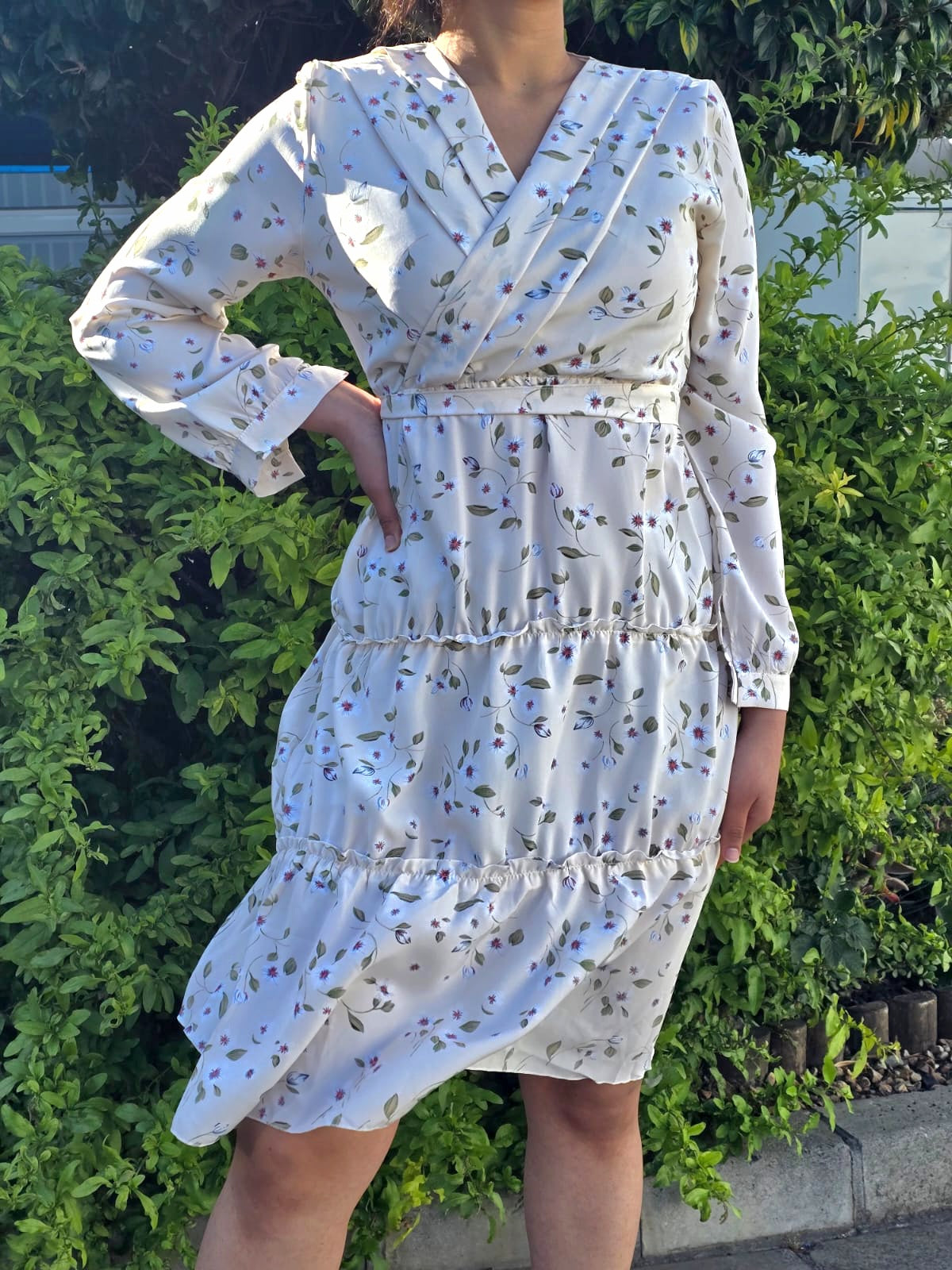 Floral V Neck Frill Tier Dress With No  Belt