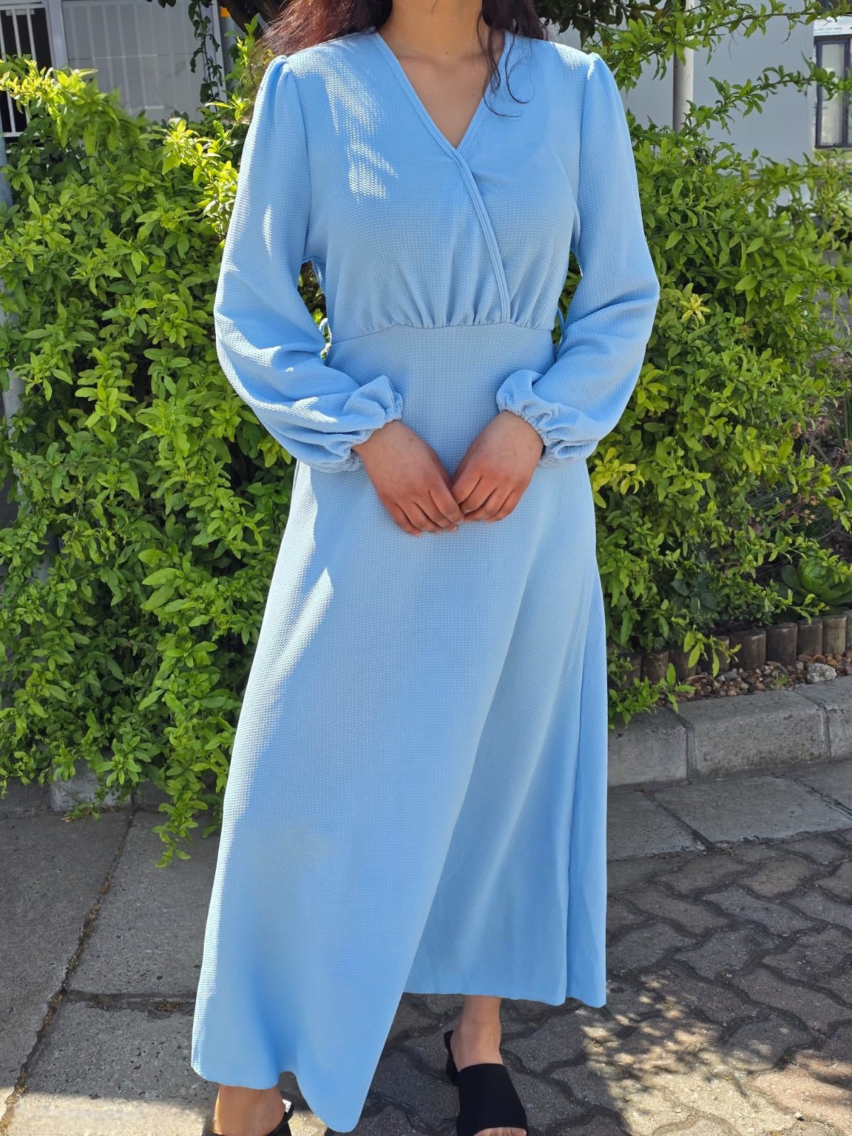 Puff Sleeve V Neck Maxi Dress Without Belt