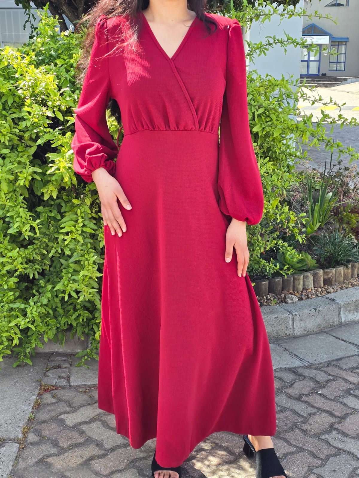 Puff Sleeve V Neck Maxi Dress Without Belt