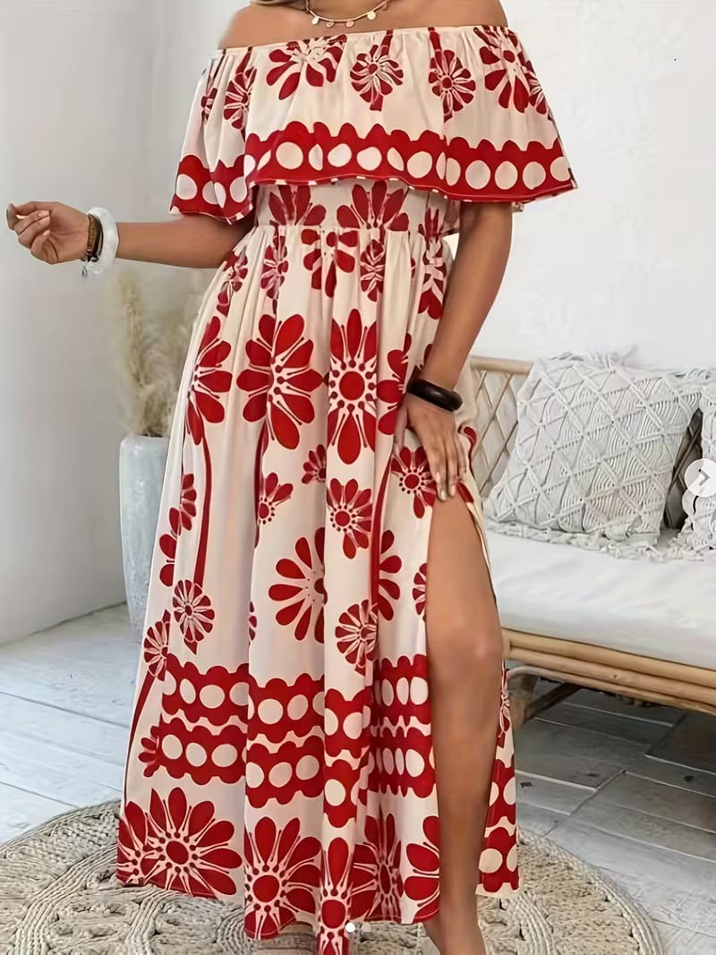 Red Floral Off-Shoulder Maxi Dress