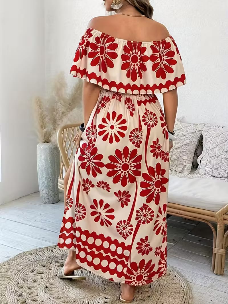 Red Floral Off-Shoulder Maxi Dress