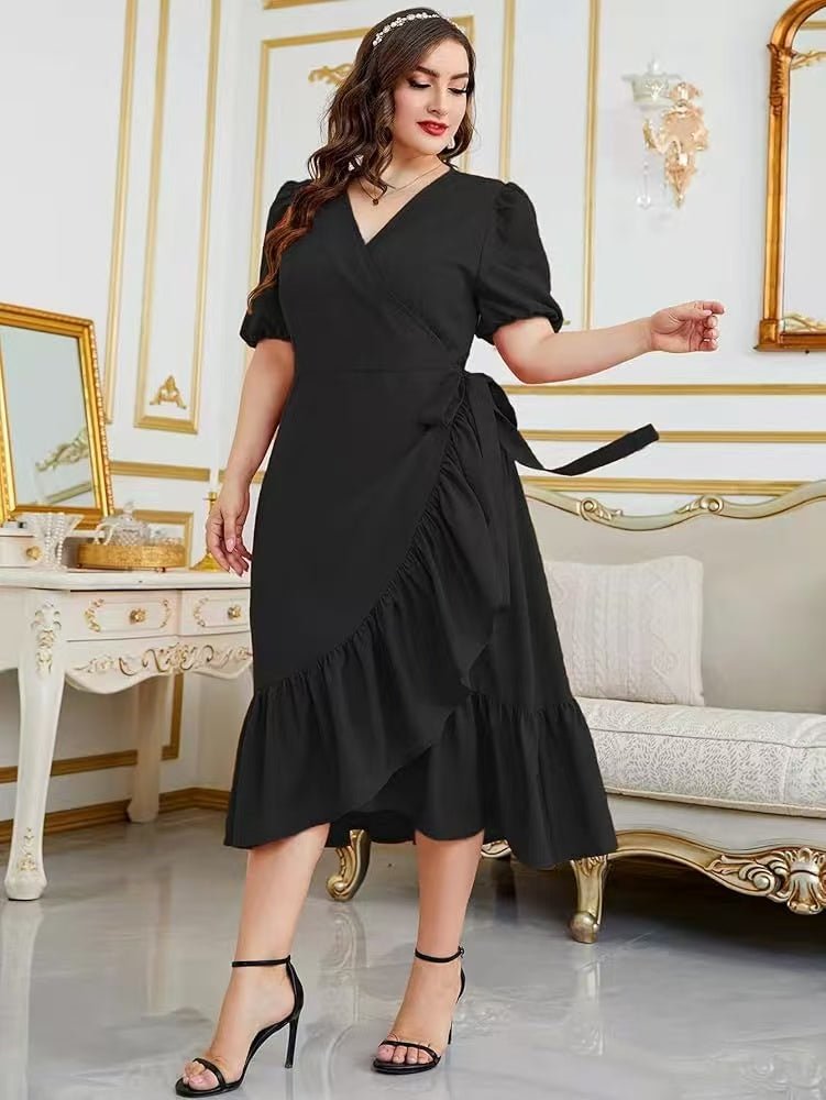 Puff Sleeve Wrap Ruffle Midi Dress