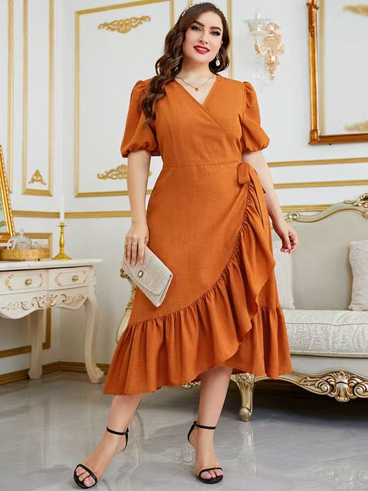 Puff Sleeve Wrap Ruffle Midi Dress