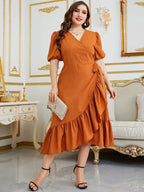 Puff Sleeve Wrap Ruffle Midi Dress