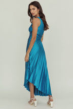 One-Shoulder Satin Pleated Maxi Dress