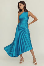 One-Shoulder Satin Pleated Maxi Dress