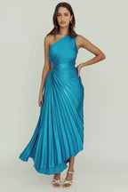 One-Shoulder Satin Pleated Maxi Dress