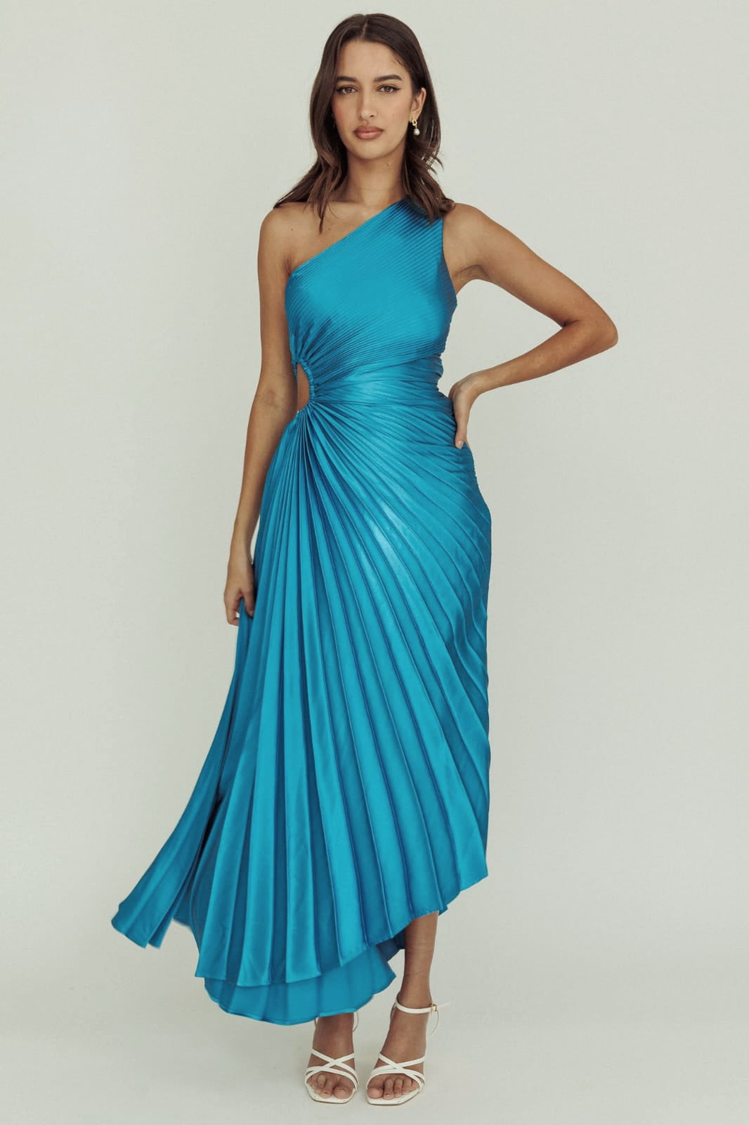 One-Shoulder Satin Pleated Maxi Dress