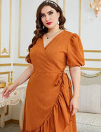 Puff Sleeve Wrap Ruffle Midi Dress