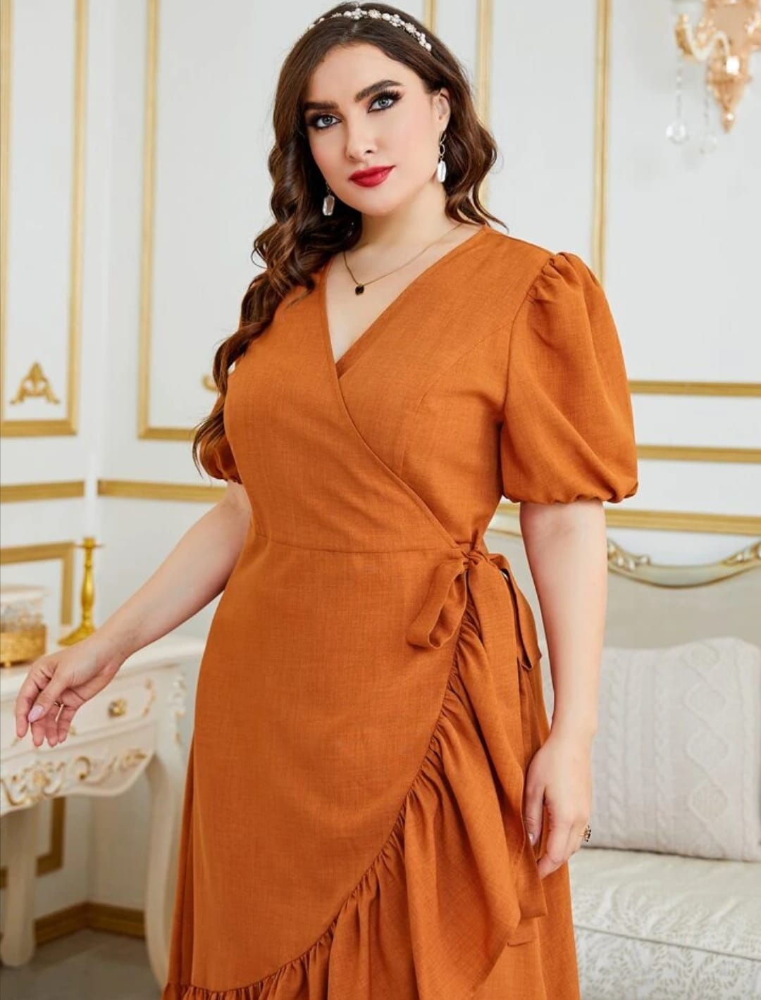 Puff Sleeve Wrap Ruffle Midi Dress
