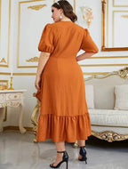 Puff Sleeve Wrap Ruffle Midi Dress