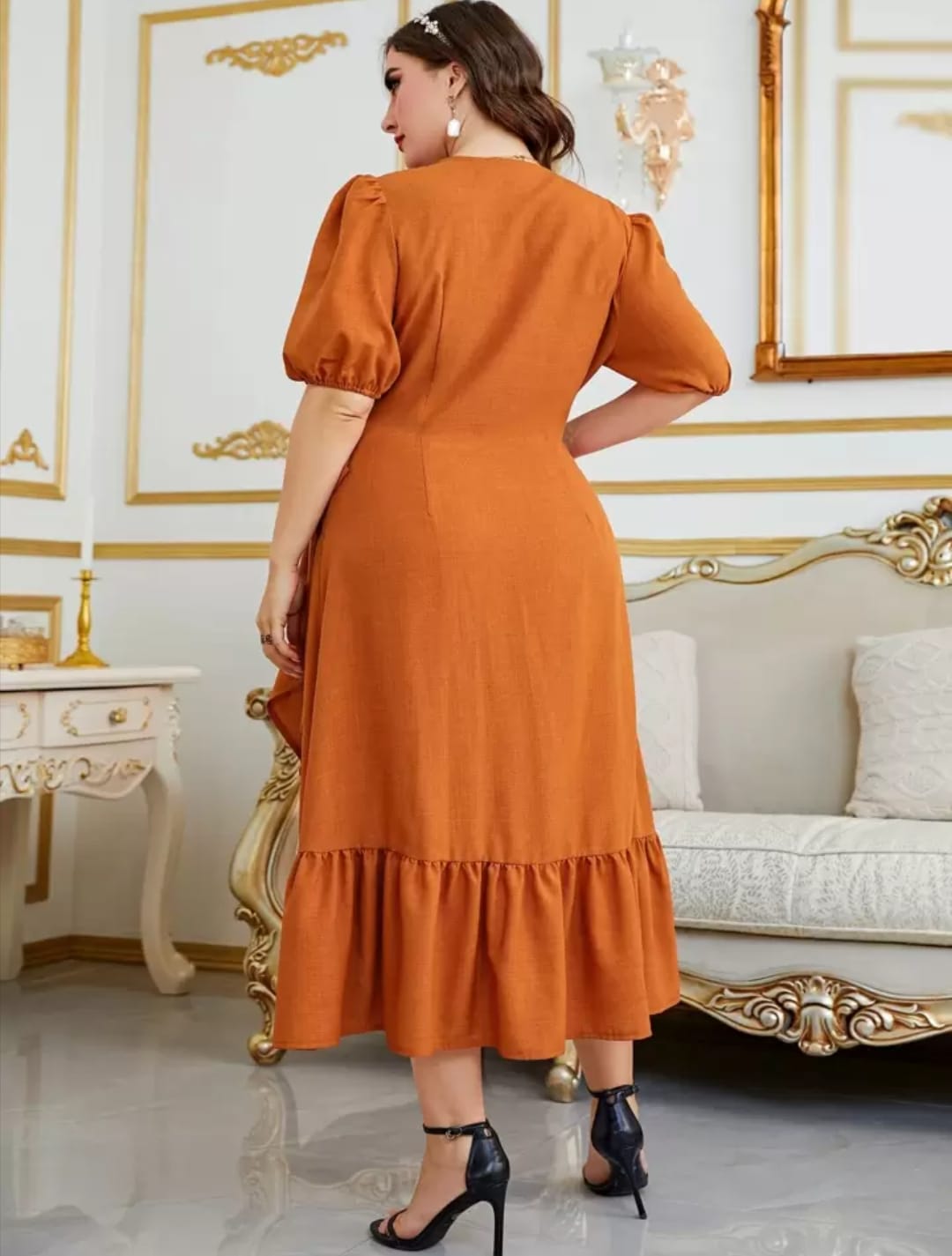 Puff Sleeve Wrap Ruffle Midi Dress