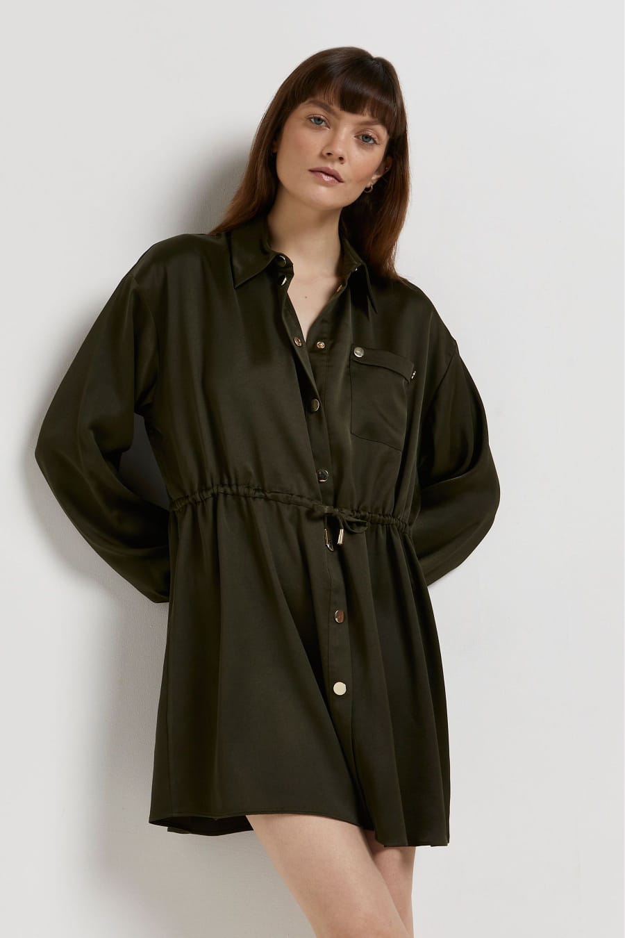 Satin Button-Up Shirt Dress