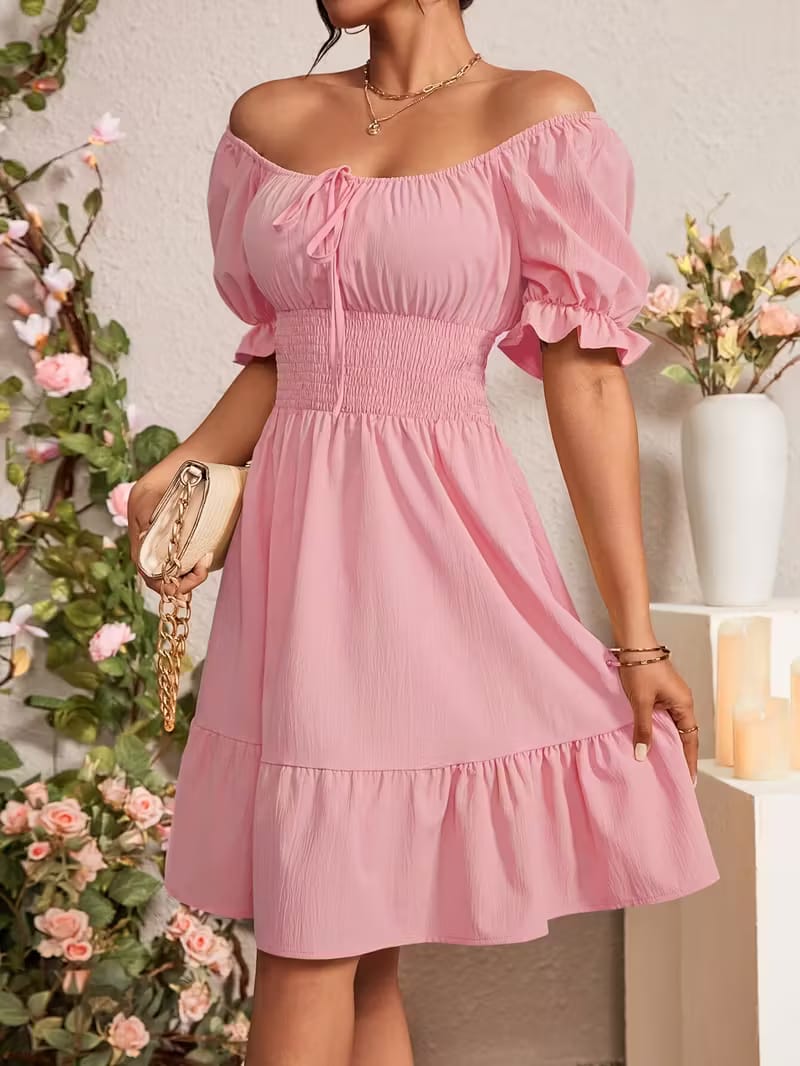 Puff Sleeve Smocked Waist Mini Dress