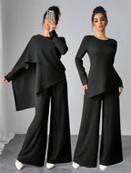 Asymmetrical Long Sleeve Top & Wide Leg Pants Set