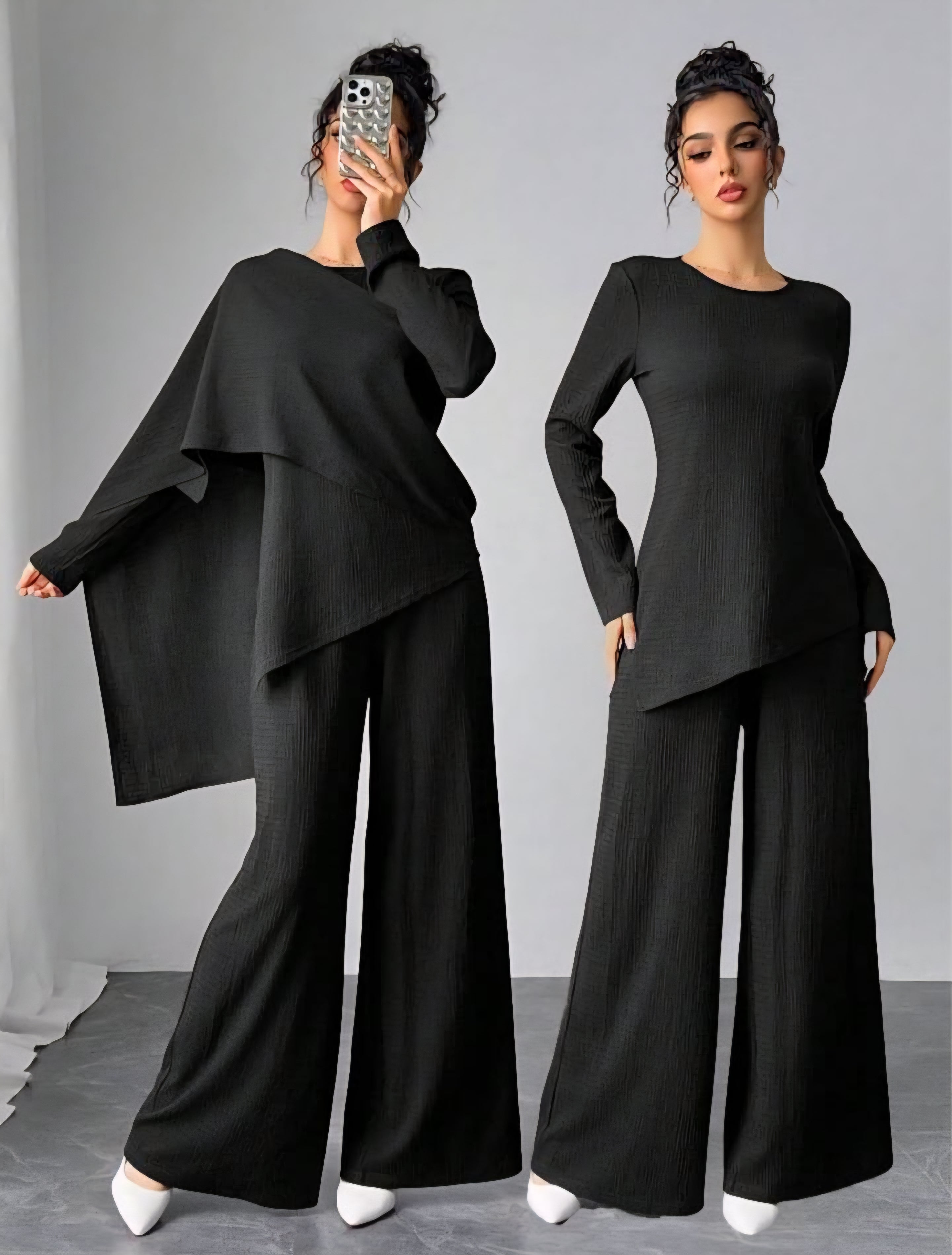 Asymmetrical Long Sleeve Top & Wide Leg Pants Set