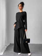 Asymmetrical Long Sleeve Top & Wide Leg Pants Set